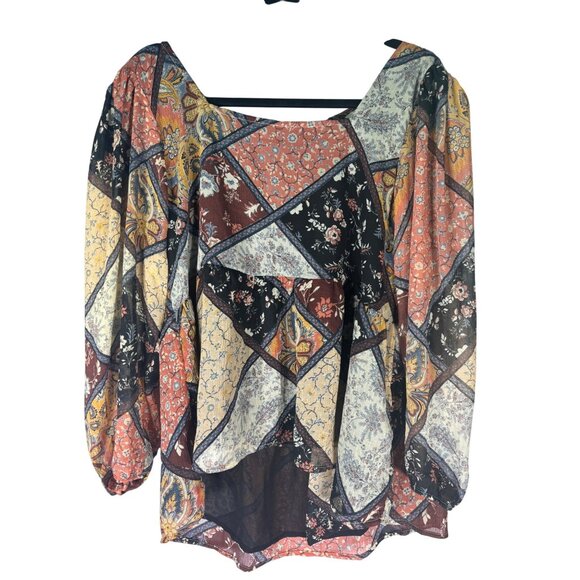 American Eagle Womens Patchwork Floral Long Sleeve Boho Top L Polyester - Picture 2 of 9